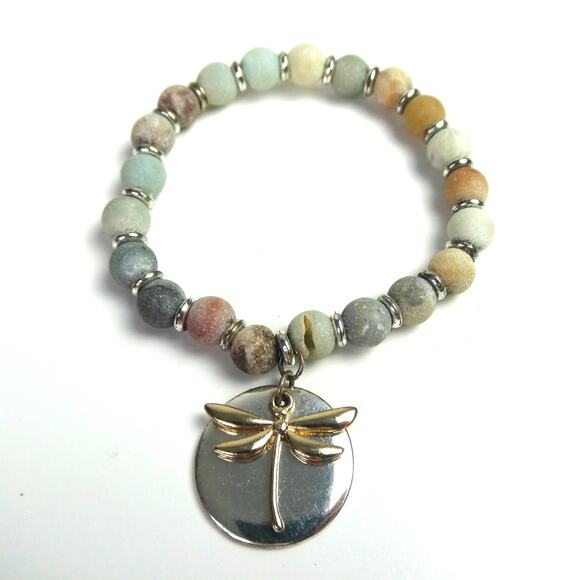 Pastel Neutral Round Stone Beaded Dragonfly Charm Dangly Dangle Bracelet Boho - Picture 1 of 5